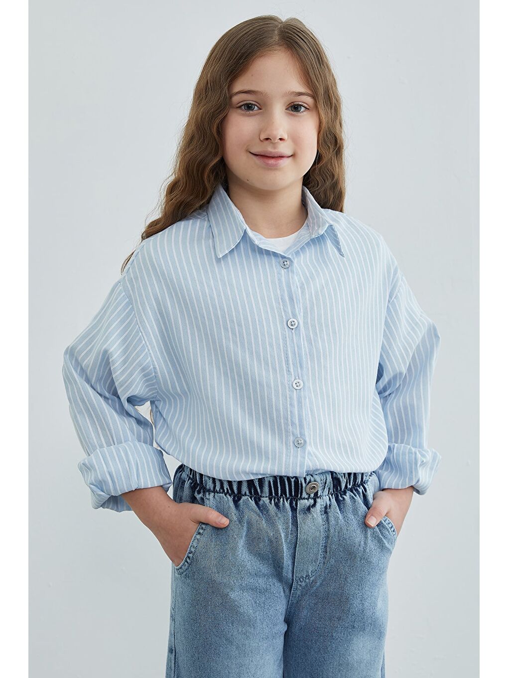 Mavi Çizgili Salaş Kız Çocuk Gömlek-3