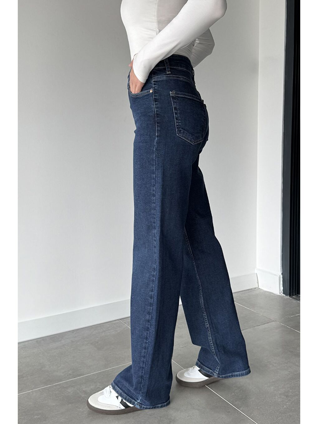 Lacivert Kadın Yüksek Bel Elastanlı Palazzo Jean Jean Pantolon-1