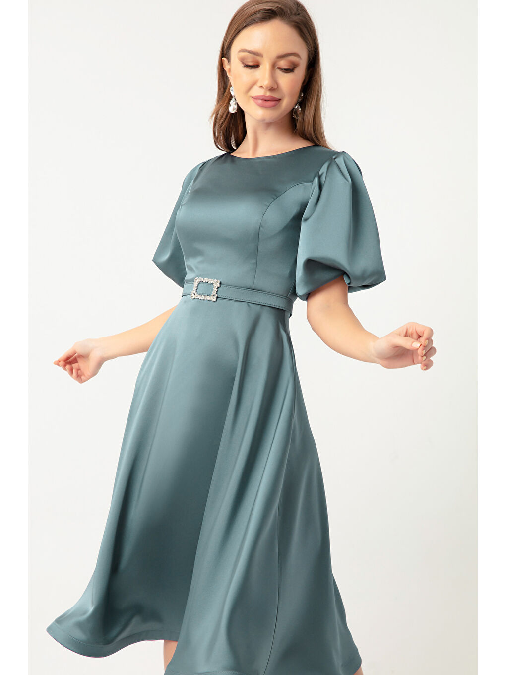 Mavi Kadın Firuze Balon Kollu Taşlı Kemerli Mini Saten Abiye Elbise-1