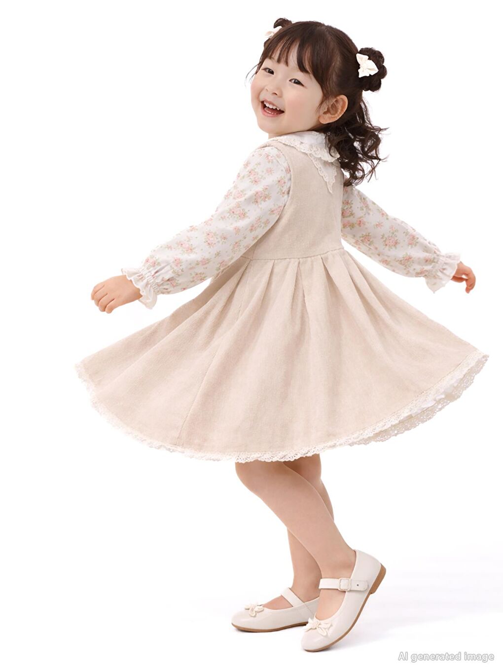 Civil Girls Çiçek Gömlekli 2 Li 2-5 Yaş Elbise - Bej 5-6 Yaş-3