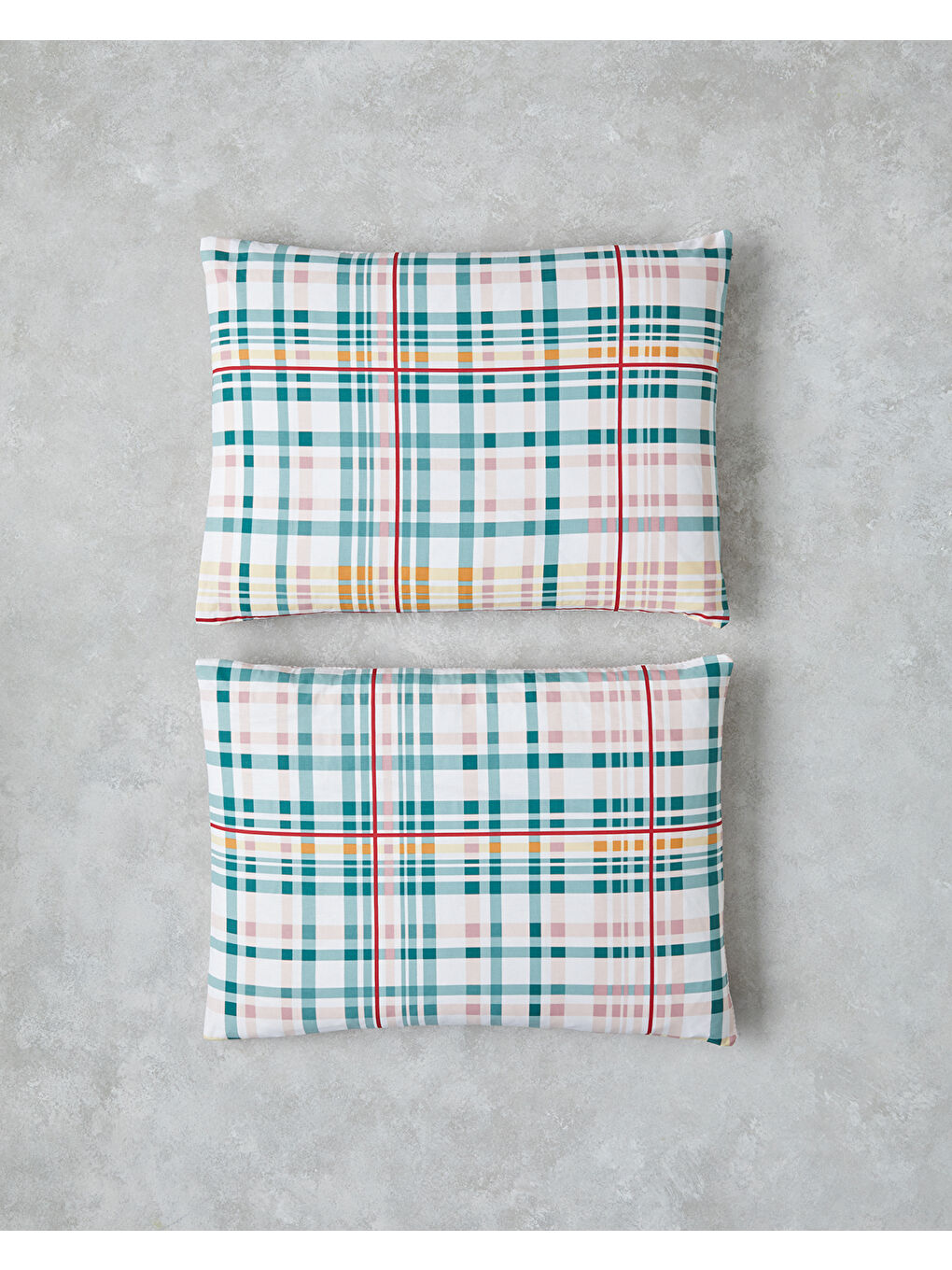 Geo Plaid Pamuklu 2'li Yastık Kılıfı 50x70 cm Yeşil-Pembe