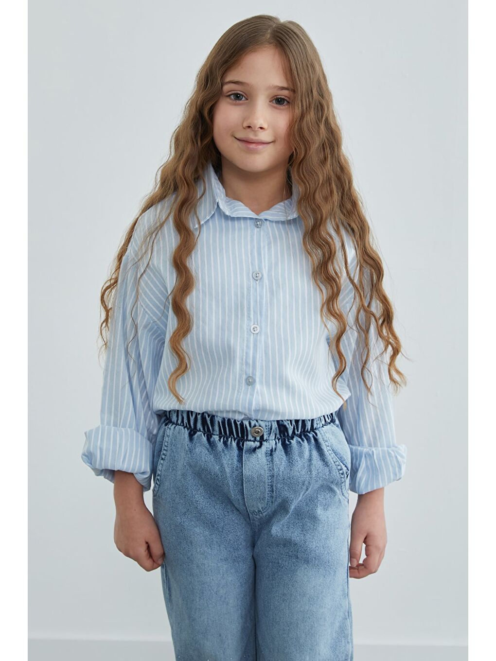 Mavi Çizgili Salaş Kız Çocuk Gömlek-4