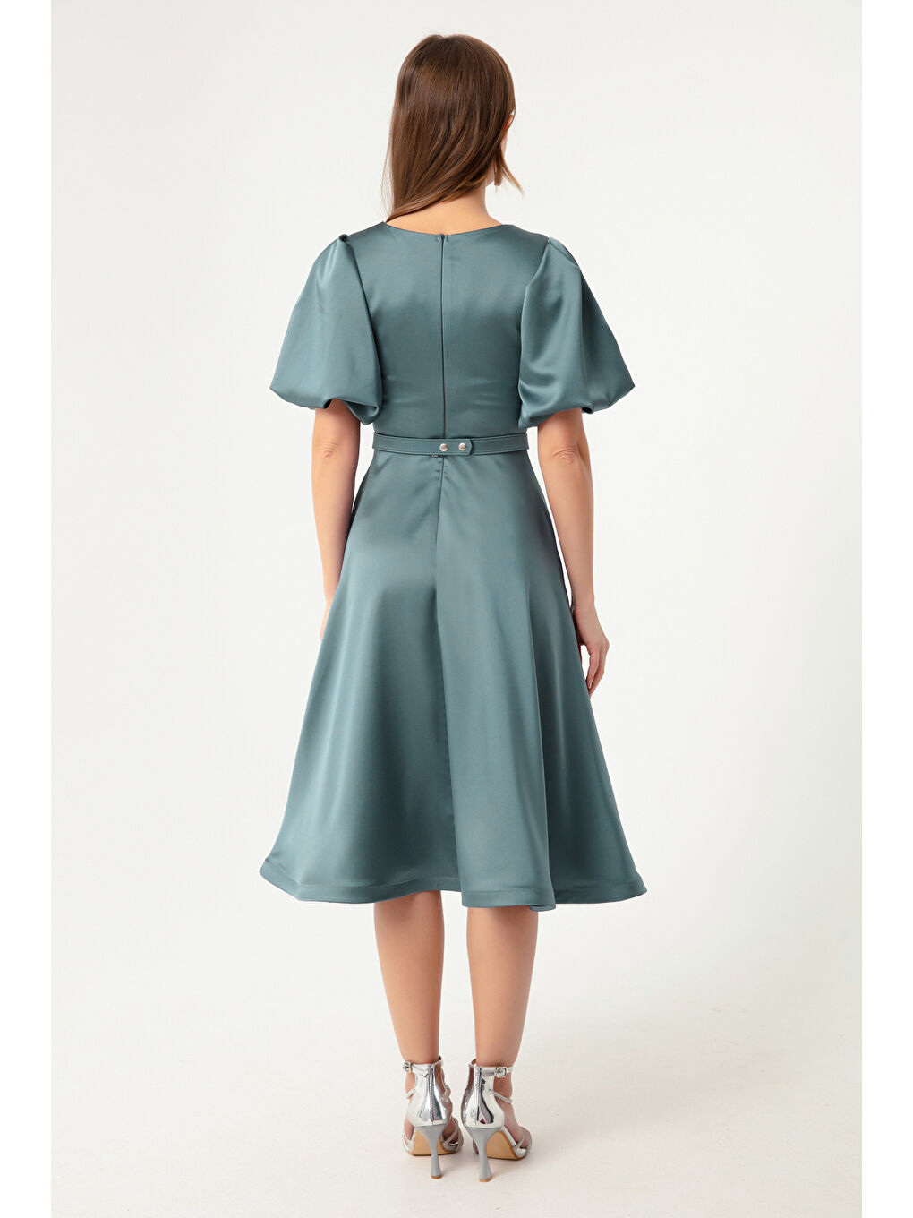 Mavi Kadın Firuze Balon Kollu Taşlı Kemerli Mini Saten Abiye Elbise-4