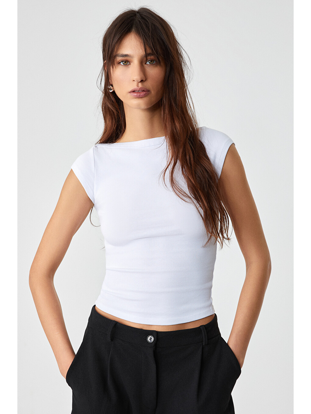 Beyaz NOEMI Kadın Balerin Yaka Kısa Kol Slim Fit Ribanalı BEYAZ Bluz-2