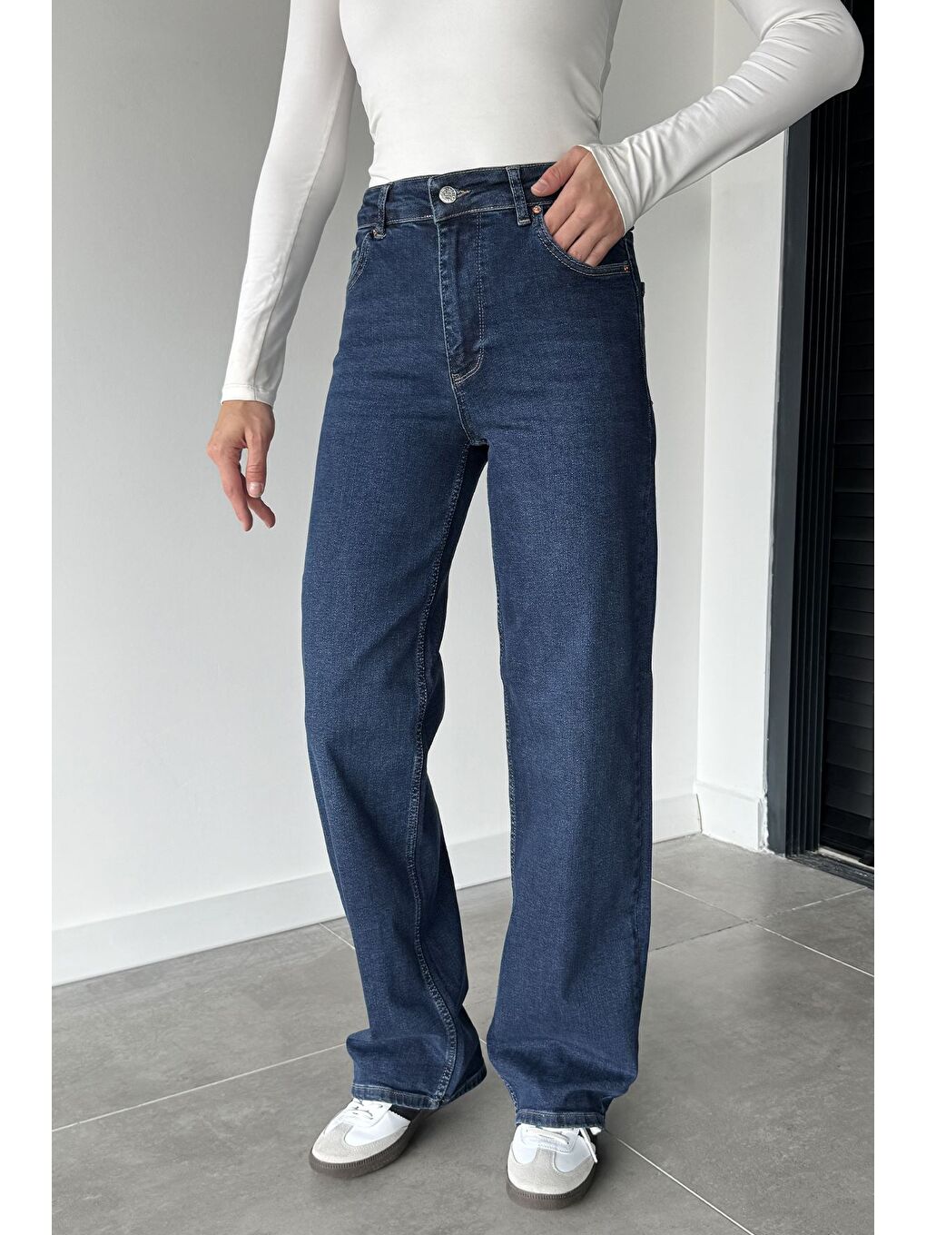 Lacivert Kadın Yüksek Bel Elastanlı Palazzo Jean Jean Pantolon-2