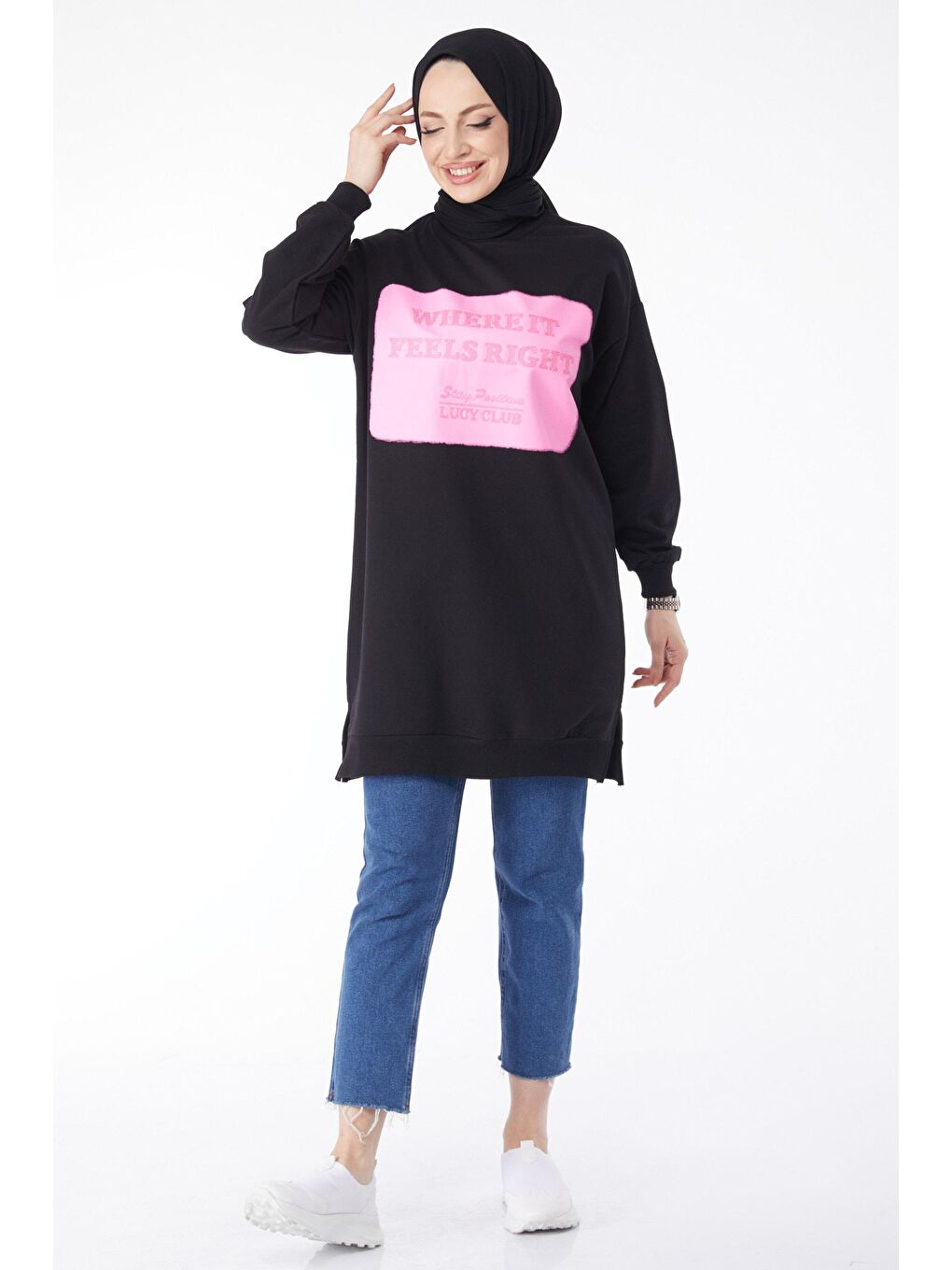 Hakim Yaka Kadın Siyah Baskılı Sweatshirt - 24601