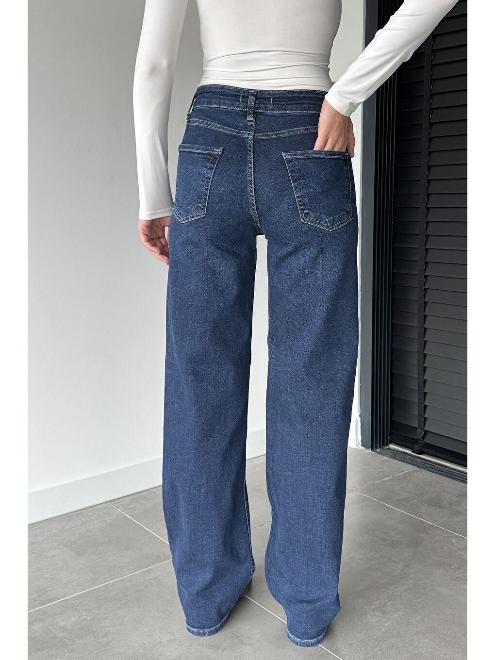 Lacivert Kadın Yüksek Bel Elastanlı Palazzo Jean Jean Pantolon-3