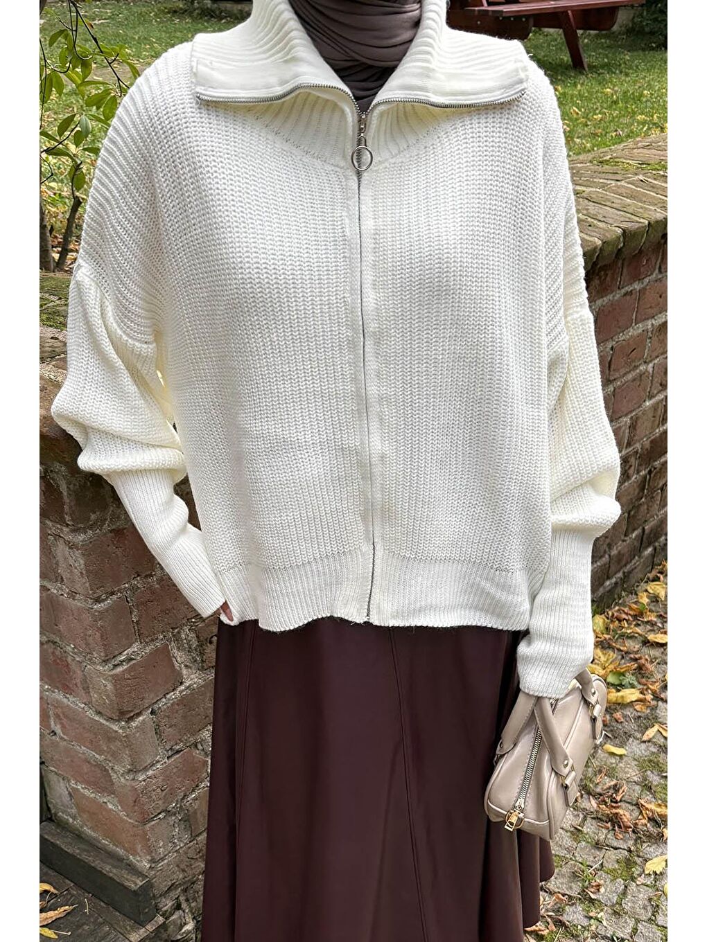 Ekru Fermuarlı Triko Hırka Krem-2