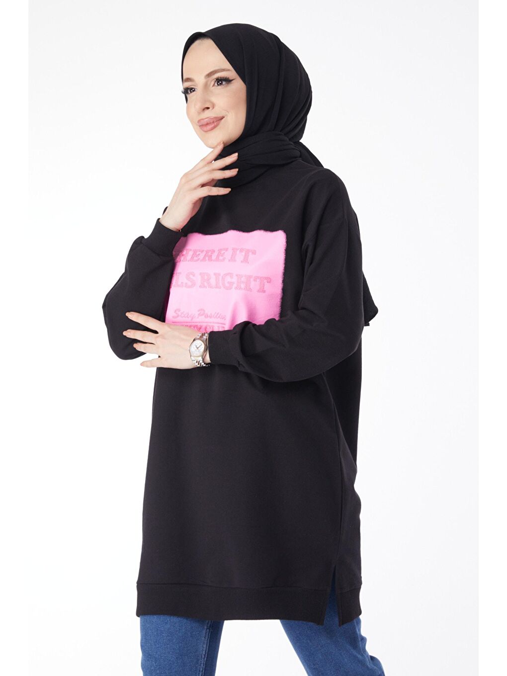 Hakim Yaka Kadın Siyah Baskılı Sweatshirt - 24601-1