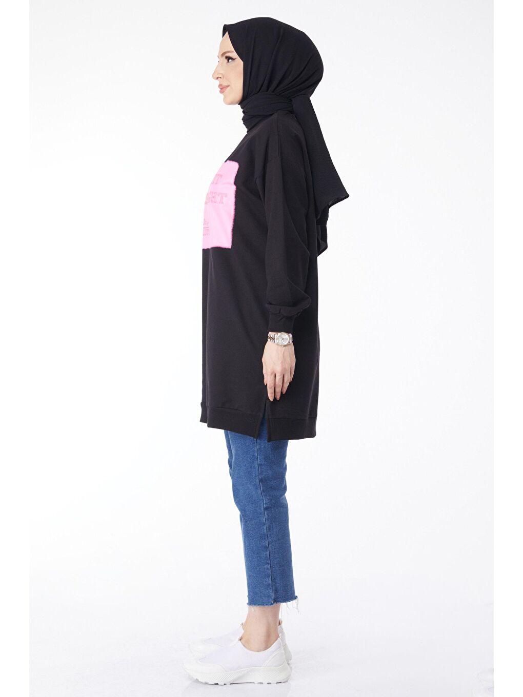 Hakim Yaka Kadın Siyah Baskılı Sweatshirt - 24601-2