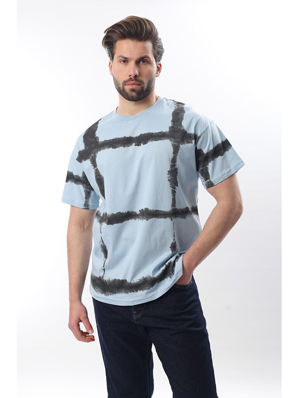 Bebe Mavisi Bisiklet Yaka Baskılı Basic Erkek %100 Pamuk Tişört E7109