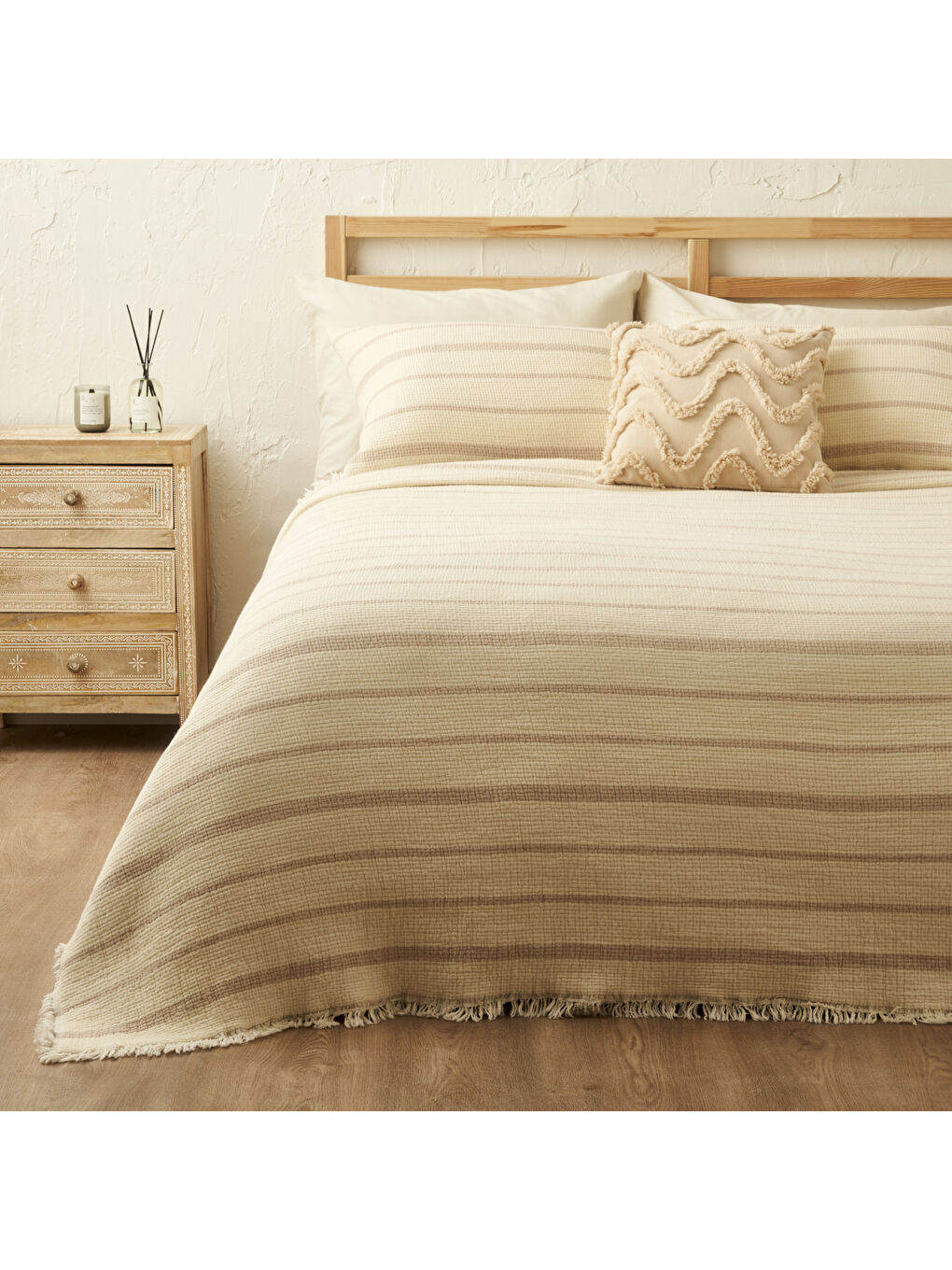 Ekru %100 Pamuk Bahama Müslin Dolgulu Çok Amaçlı Çift Kişilik Yatak Örtüsü Seti Krem (230x250 cm)