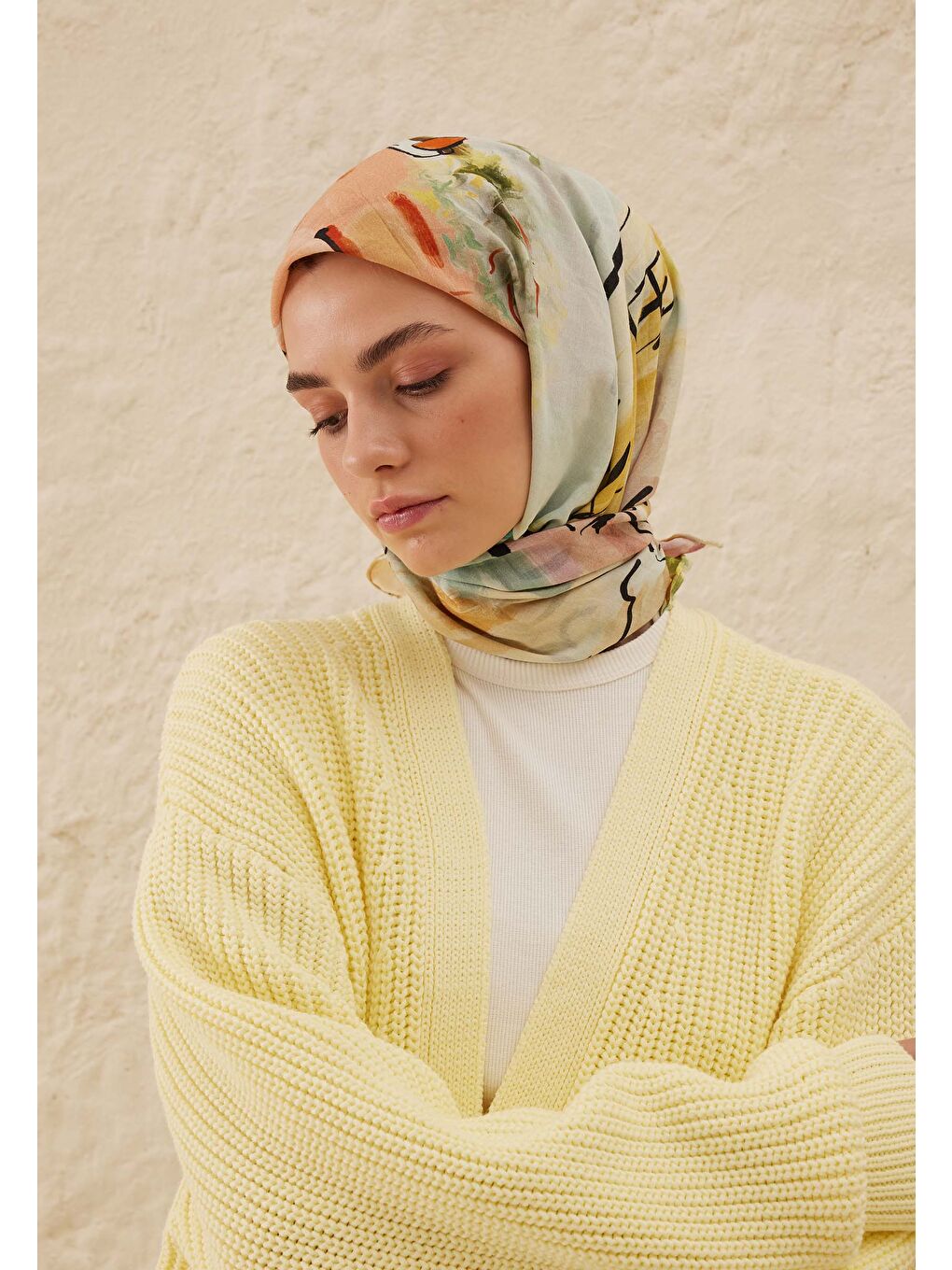 Pembe Amelie Desen Pamuk Vual Eşarp Şeftalı-1