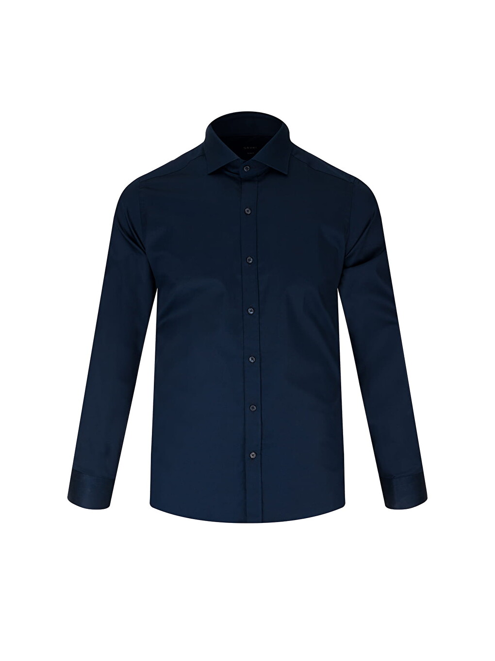 Lacivert Slim Fit Açık İtalyan Yaka Pamuklu Saten Uzun Kollu Gömlek