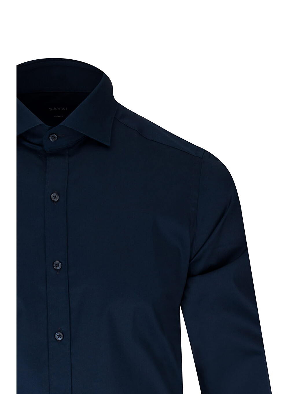 Lacivert Slim Fit Açık İtalyan Yaka Pamuklu Saten Uzun Kollu Gömlek-1