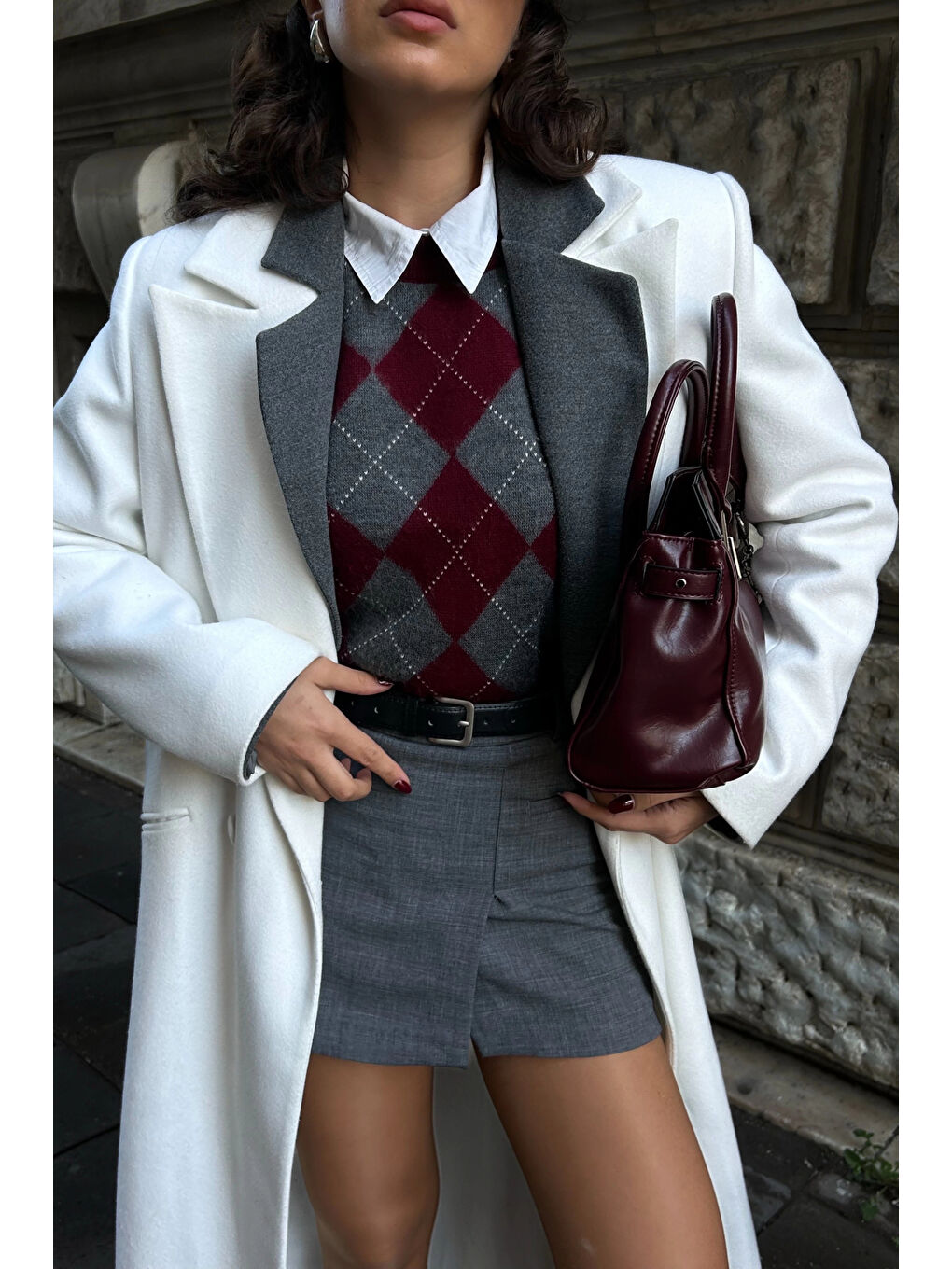 Kadın Bordo Baklava Desen Kazak 1014-5219-5