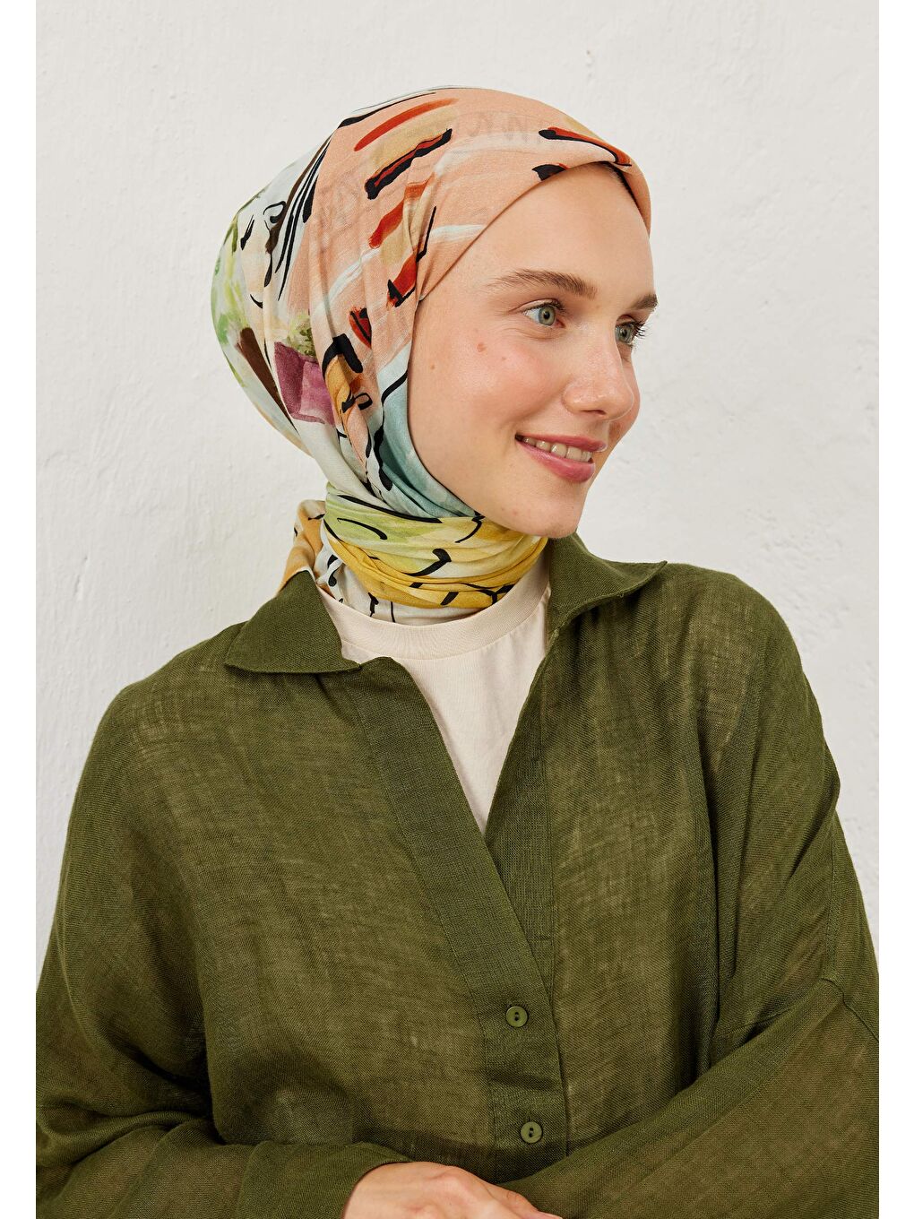 Pembe Amelie Desen Pamuk Vual Eşarp Şeftalı-4