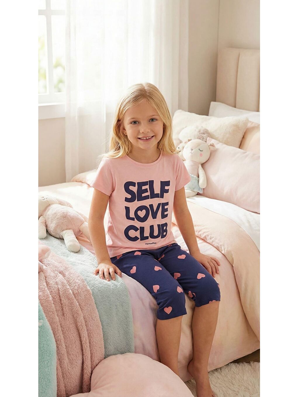 Pembe Kız Çocuk Kısa Kollu %100 Pamuk Kapri Pijama Takımı Self Love