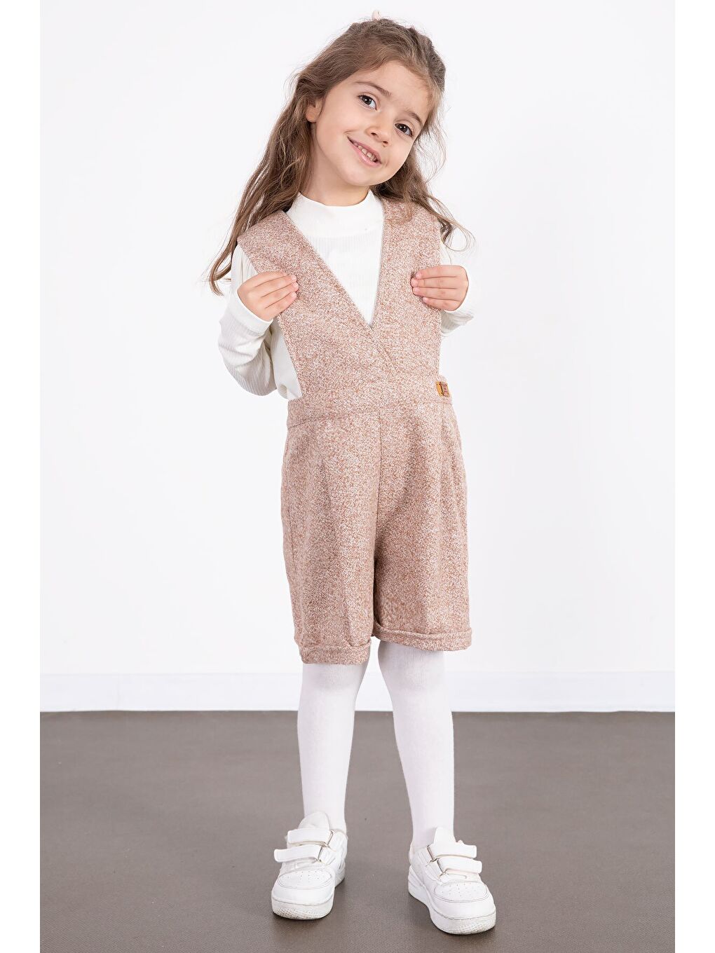 Kahverengi Kız Çocuk Melanj Krem Badili Salopet Takım 22693-1