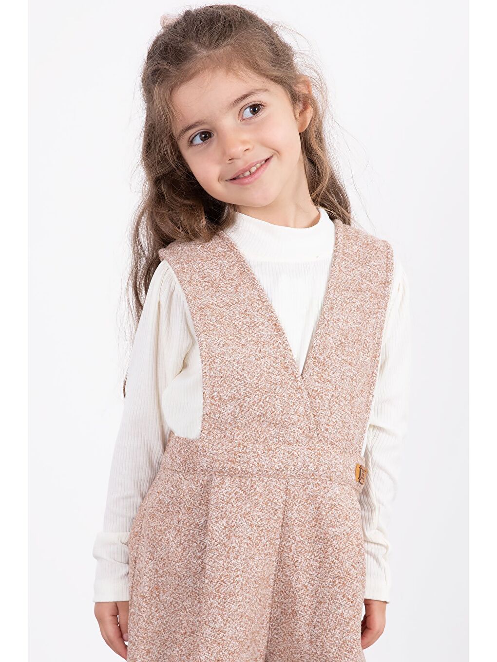 Kahverengi Kız Çocuk Melanj Krem Badili Salopet Takım 22693-3