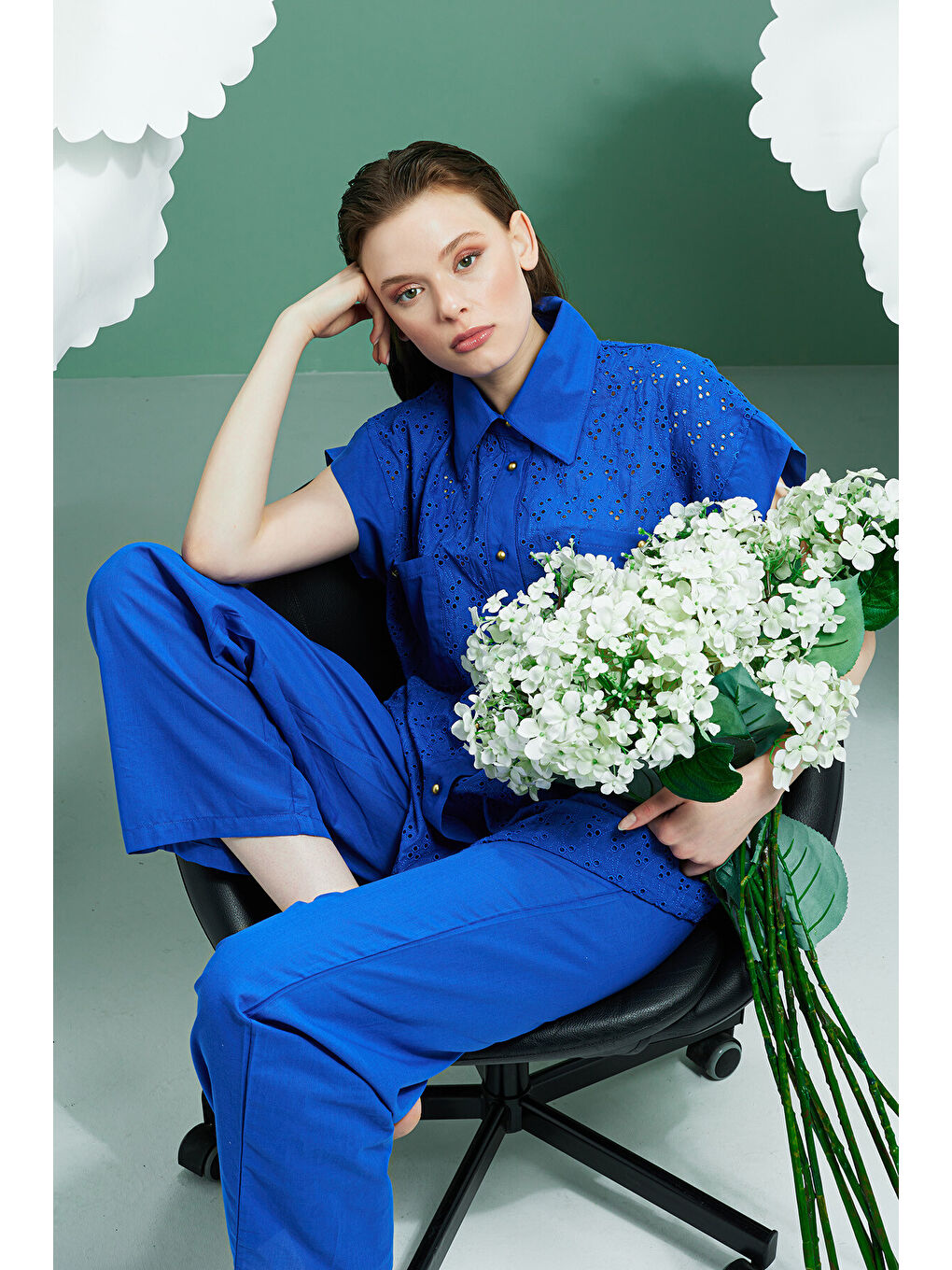 Mavi Hole Önden Düğmeli Pijama Takımı