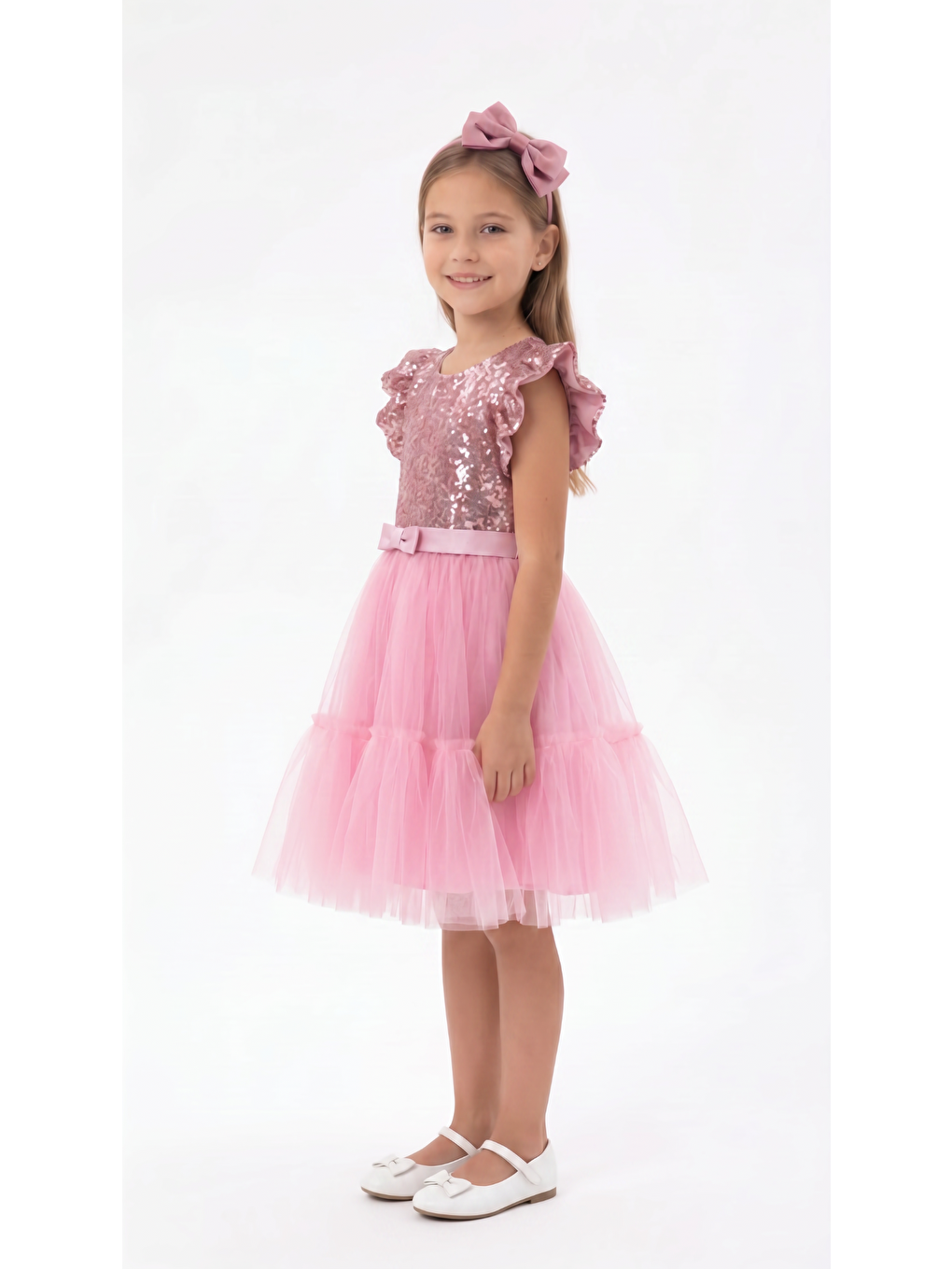 Pembe Simli Tül Elbise  Kız Çocuk Elbise-1