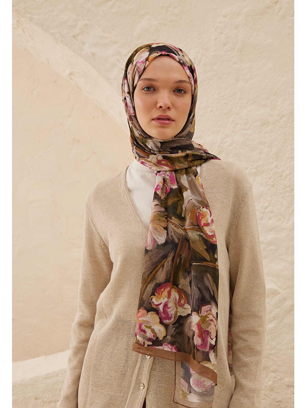 Kahverengi Lavinia Desen Rami Şal Kahve-2