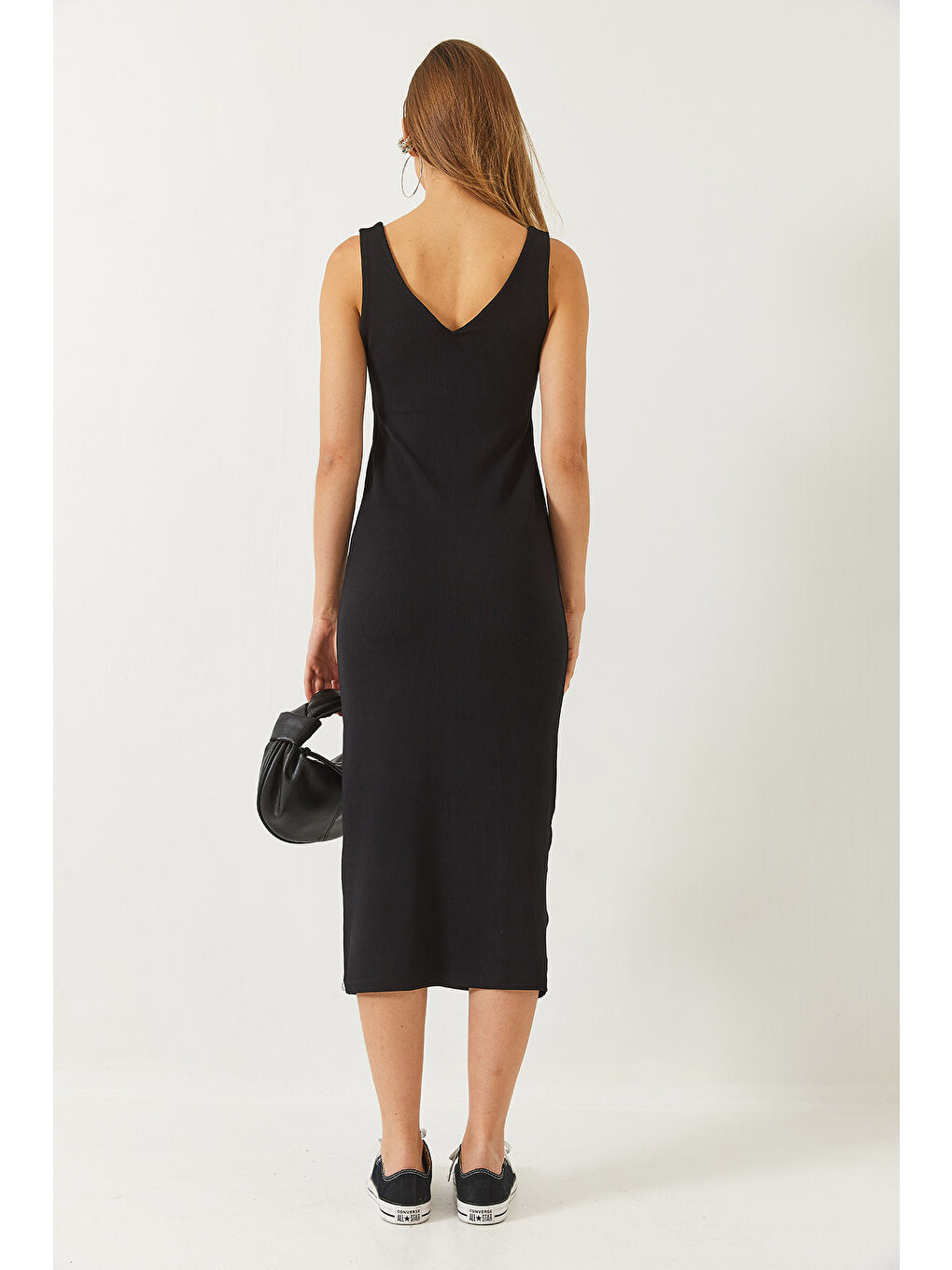 Siyah Kadın V Yaka Kalın Askılı Midi Boy Basic Elbise-6