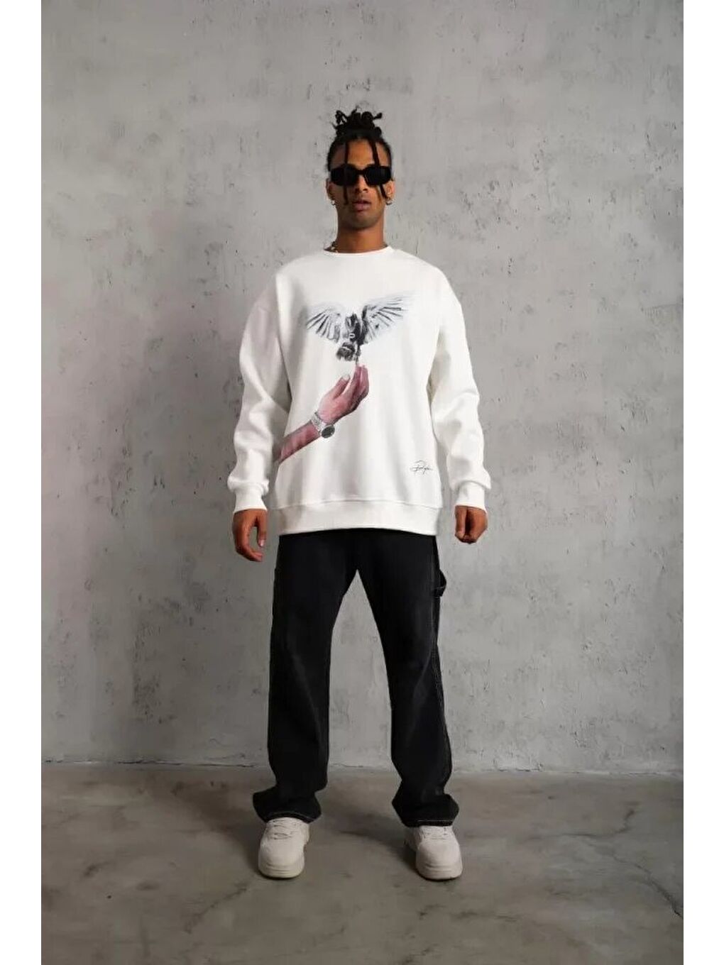Erkek Güvercin Baskılı Sweatshirt - Beyaz-2