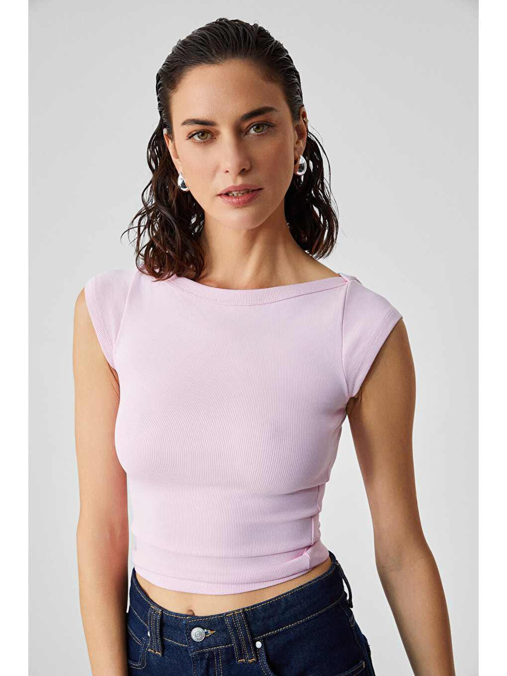 Pembe NOEMI Kadın Balerin Yaka Kısa Kol Slim Fit Ribanalı PEMBE Bluz-2