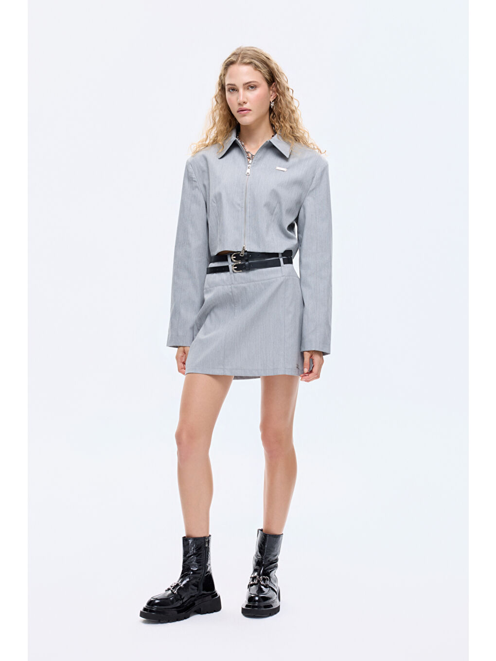 Gömlek Yaka Fermuarlı Kısa Ceket Gri-2