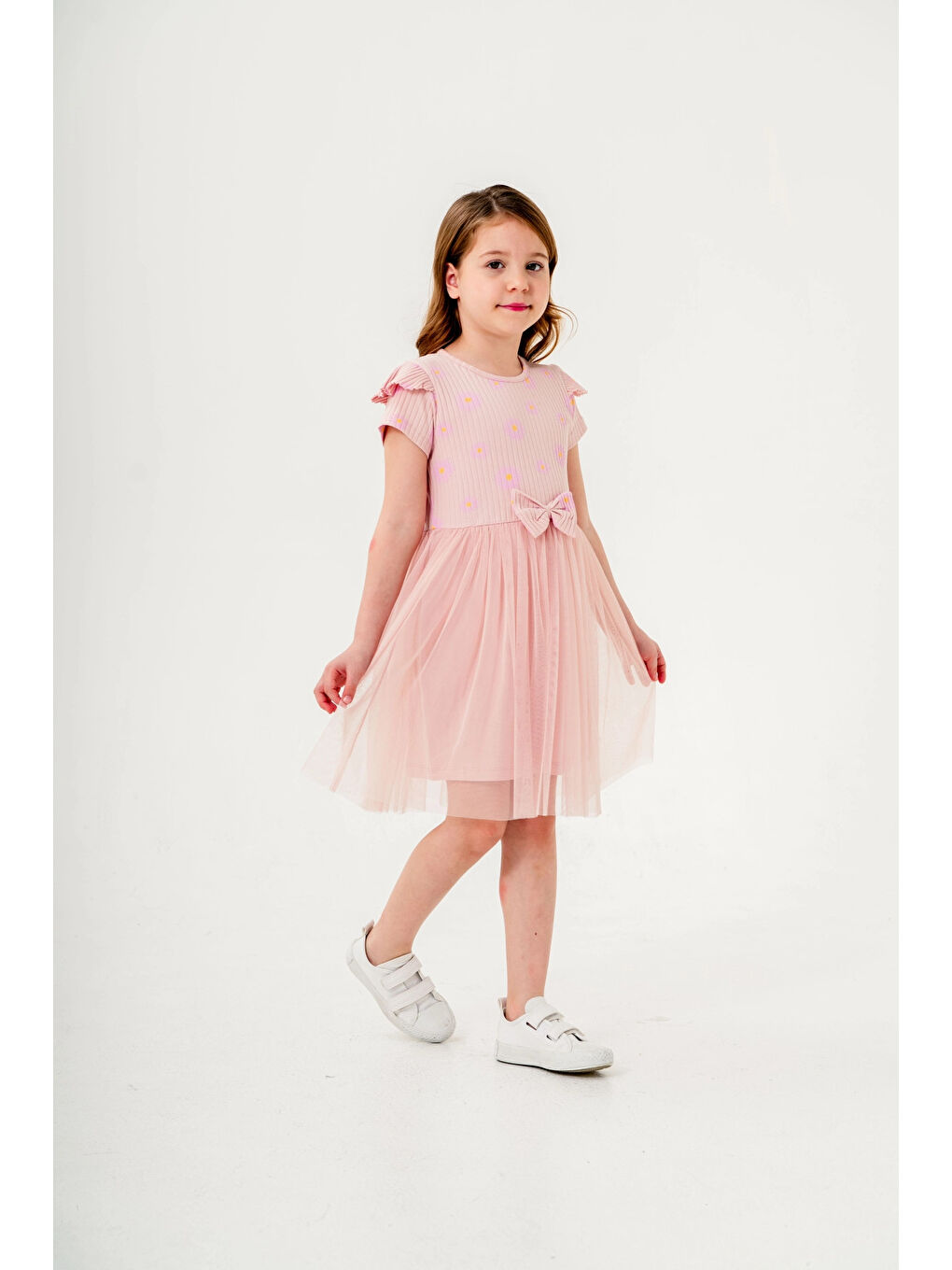 Pembe Desenli Fırfırlı Kız Çocuk Elbise 004