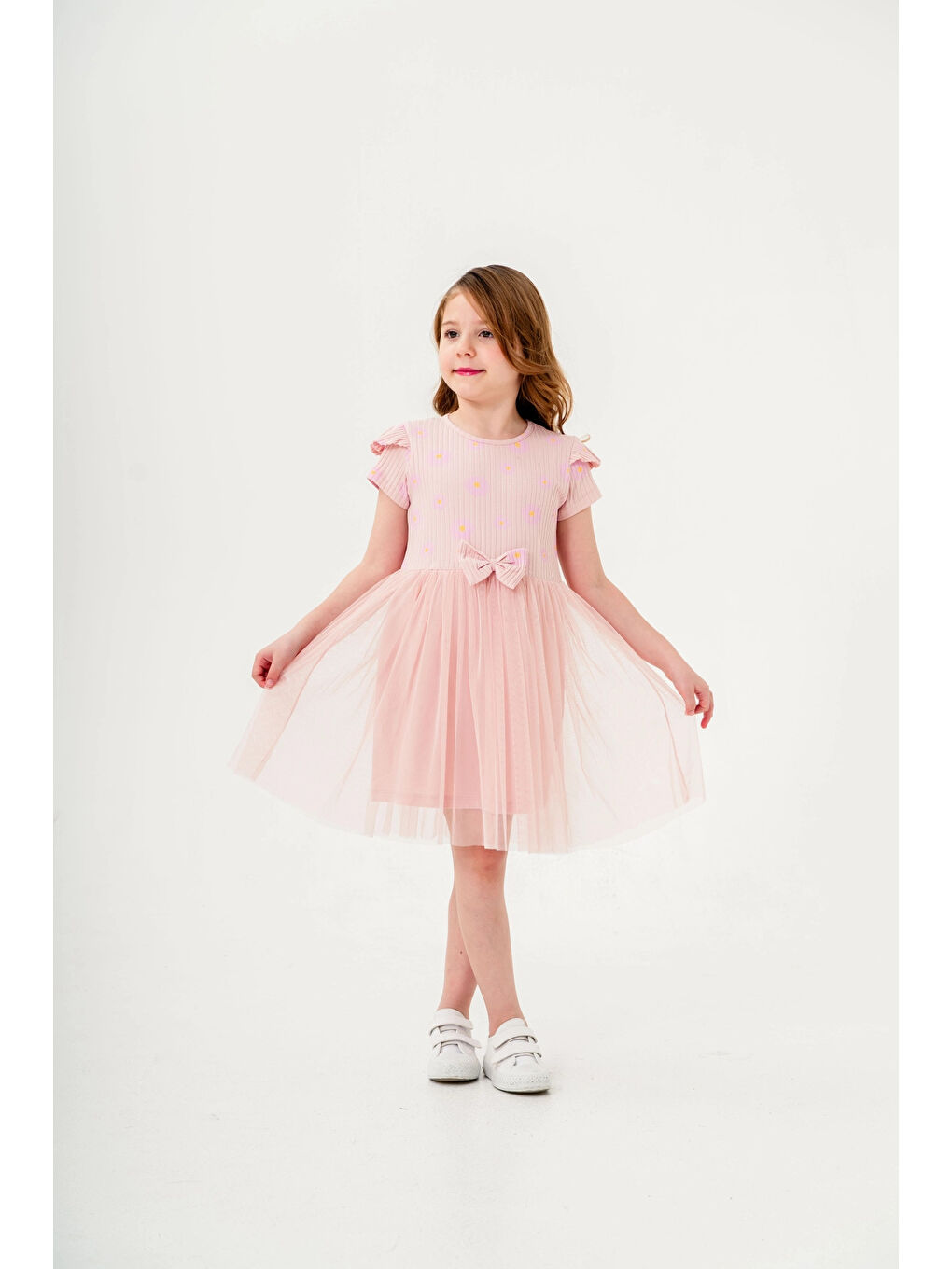 Pembe Desenli Fırfırlı Kız Çocuk Elbise 004-1