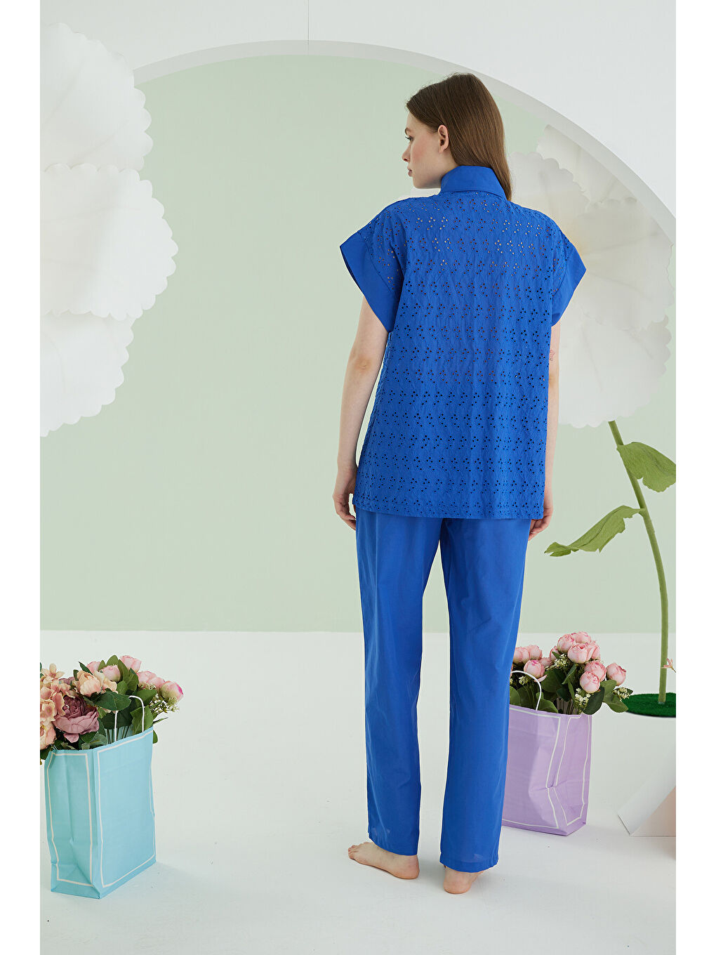 Mavi Hole Önden Düğmeli Pijama Takımı-1
