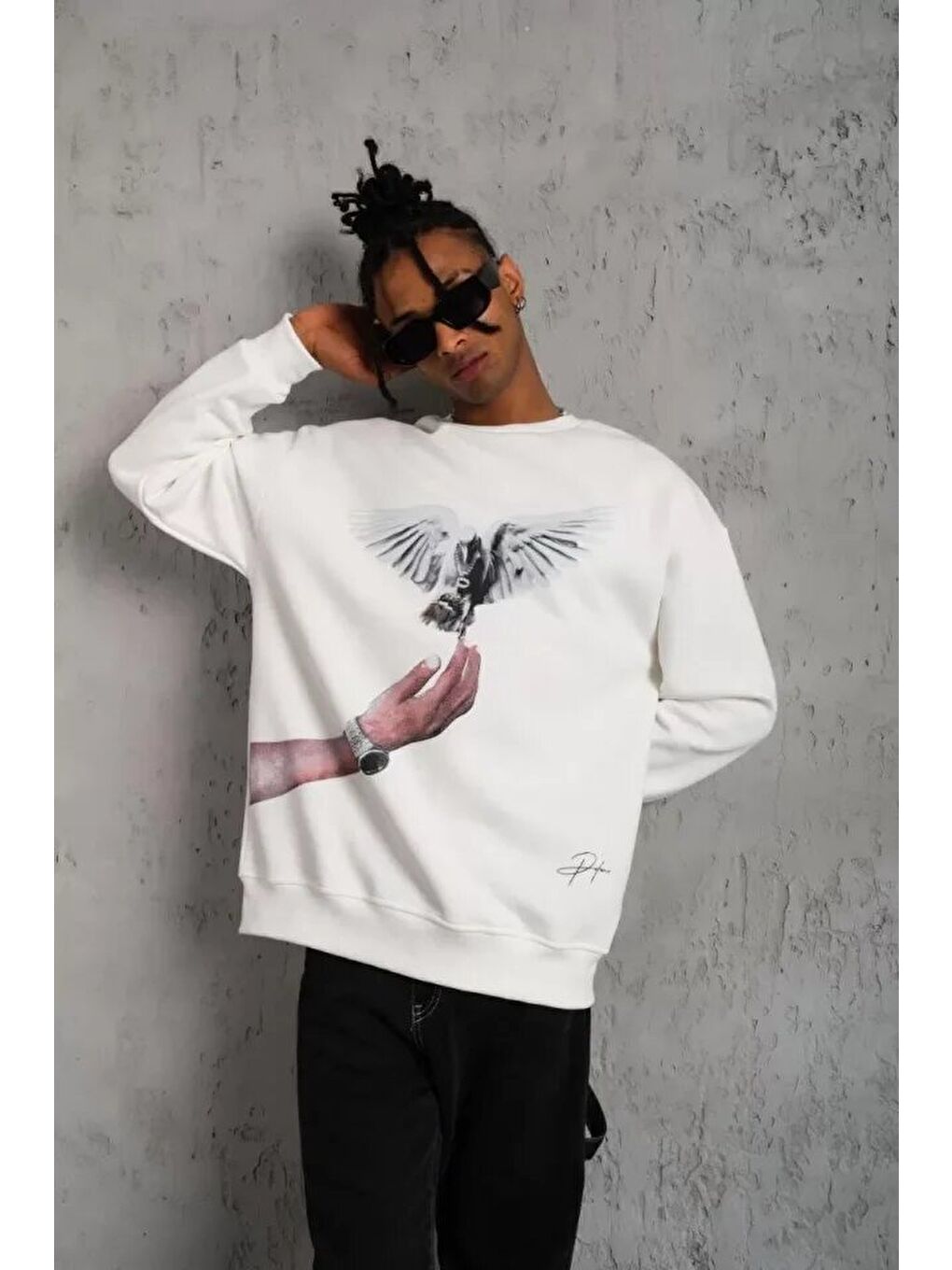 Erkek Güvercin Baskılı Sweatshirt - Beyaz-3