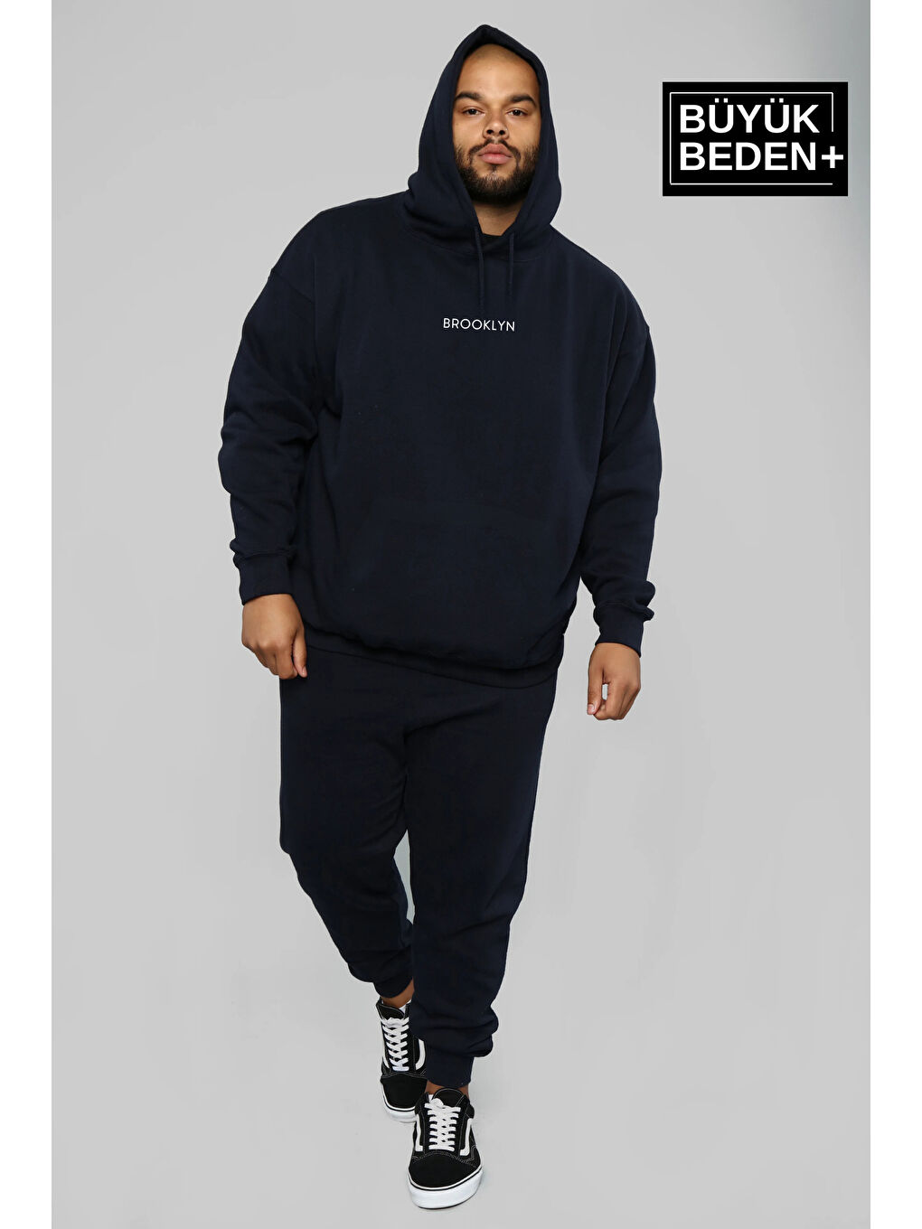 Lacivert Orta Brooklyn Baskılı  İnce Kapüşonlu Erkek Büyük Beden Hoodie SPR25BSW61