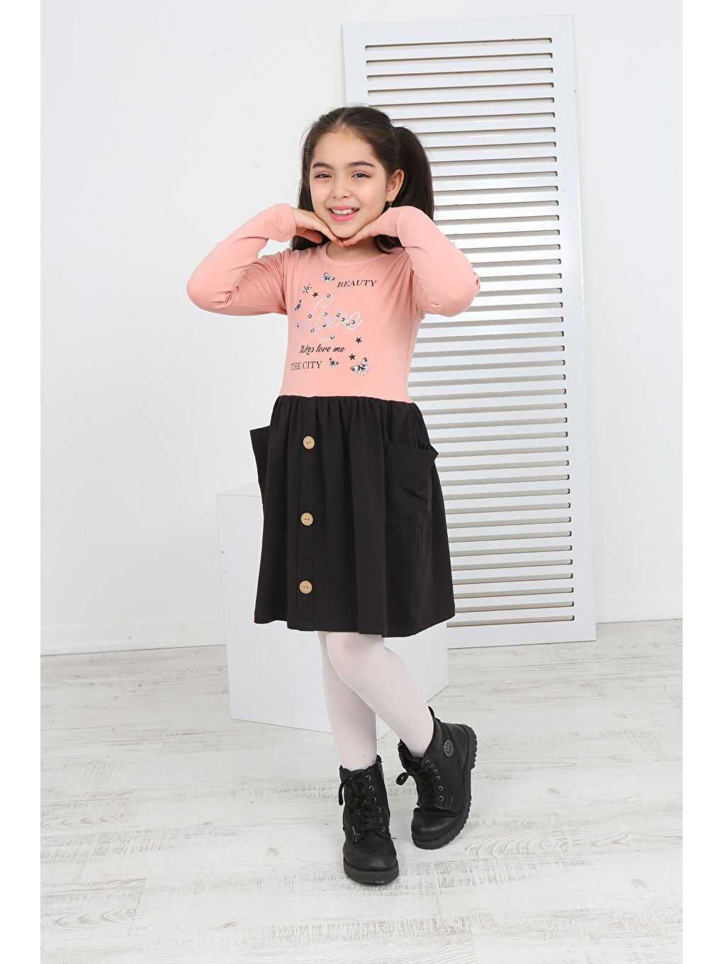 Toontoykids Pudra Kız Çocuk Beauty Love Baskılı Elbise