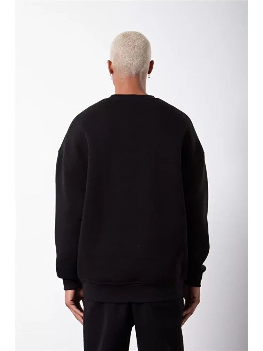 Unisex Biskilet Yaka Üç İplik SweatShirt - Siyah-1