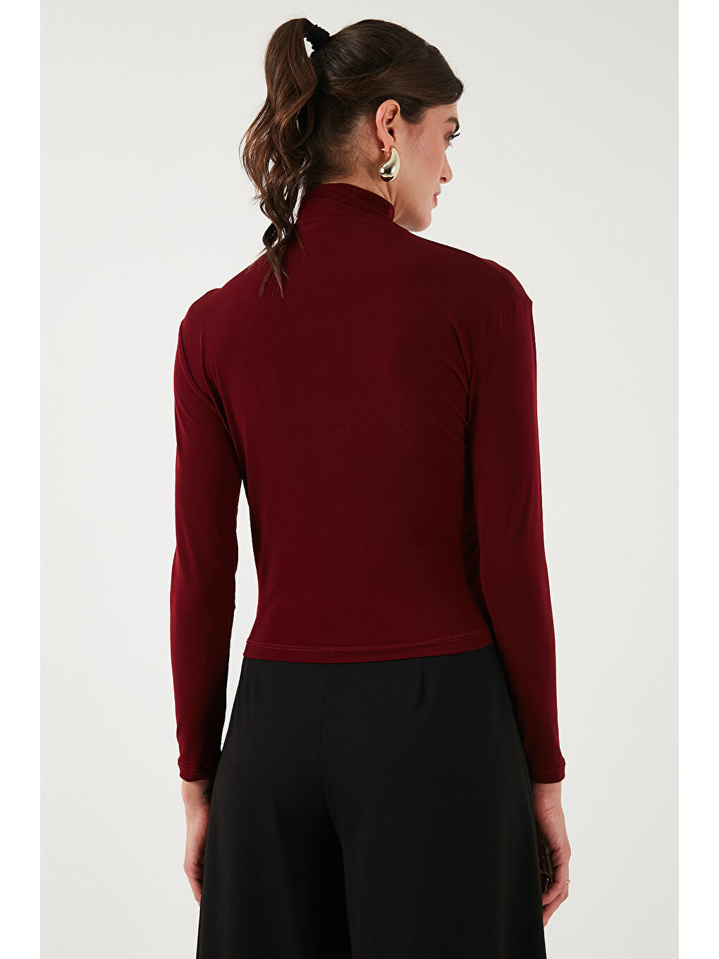 Bordo Streç Büzgü Detaylı Slim Fit Dik Yaka Kadın Bluz 669925-6