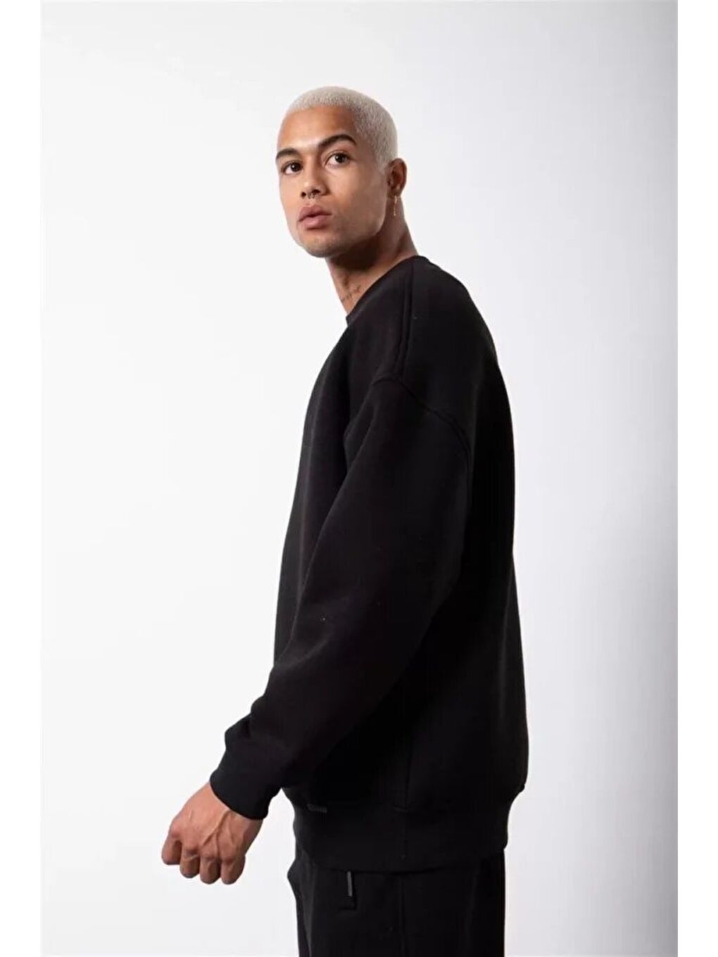 Unisex Biskilet Yaka Üç İplik SweatShirt - Siyah-3