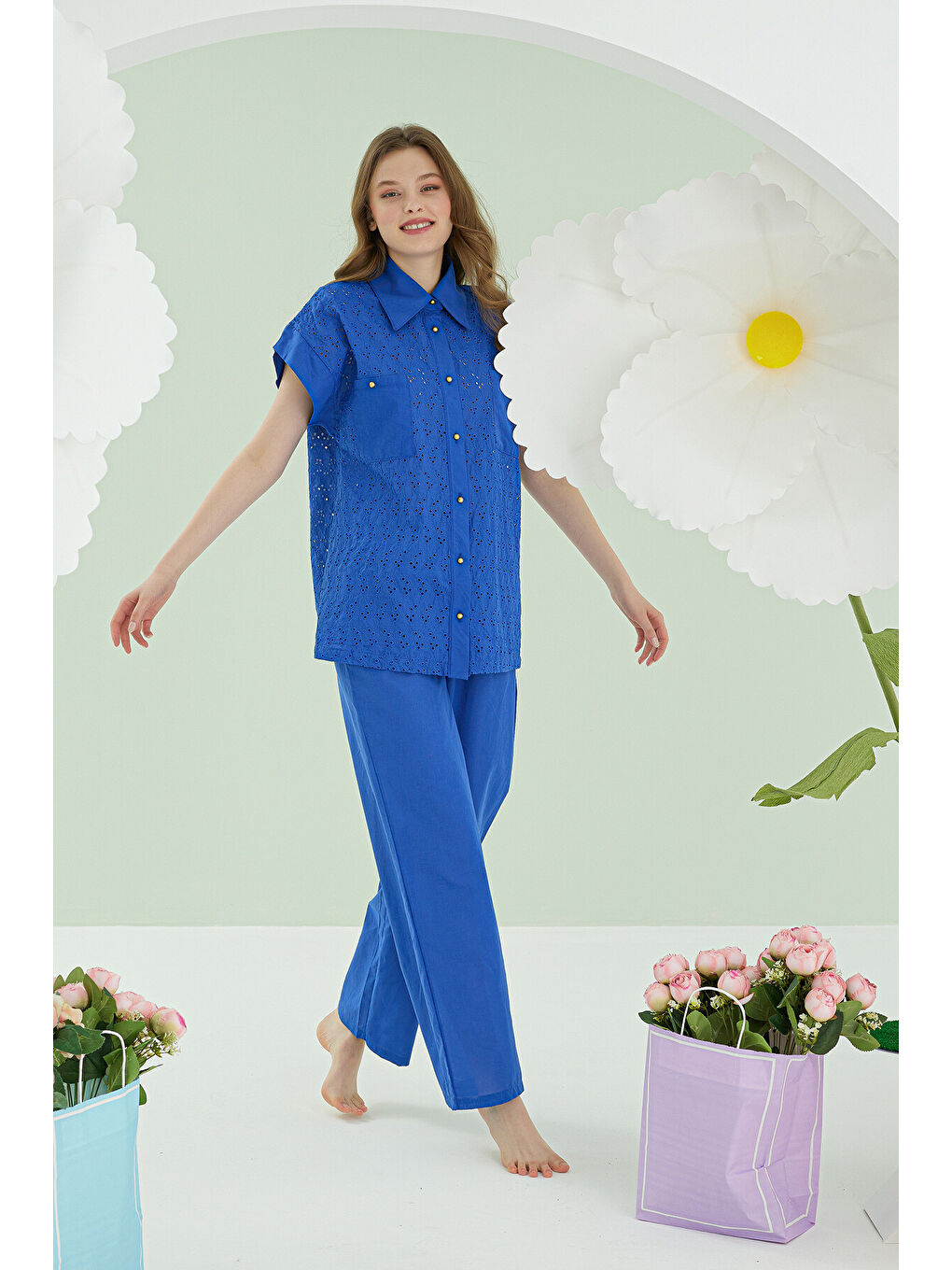 Mavi Hole Önden Düğmeli Pijama Takımı-2