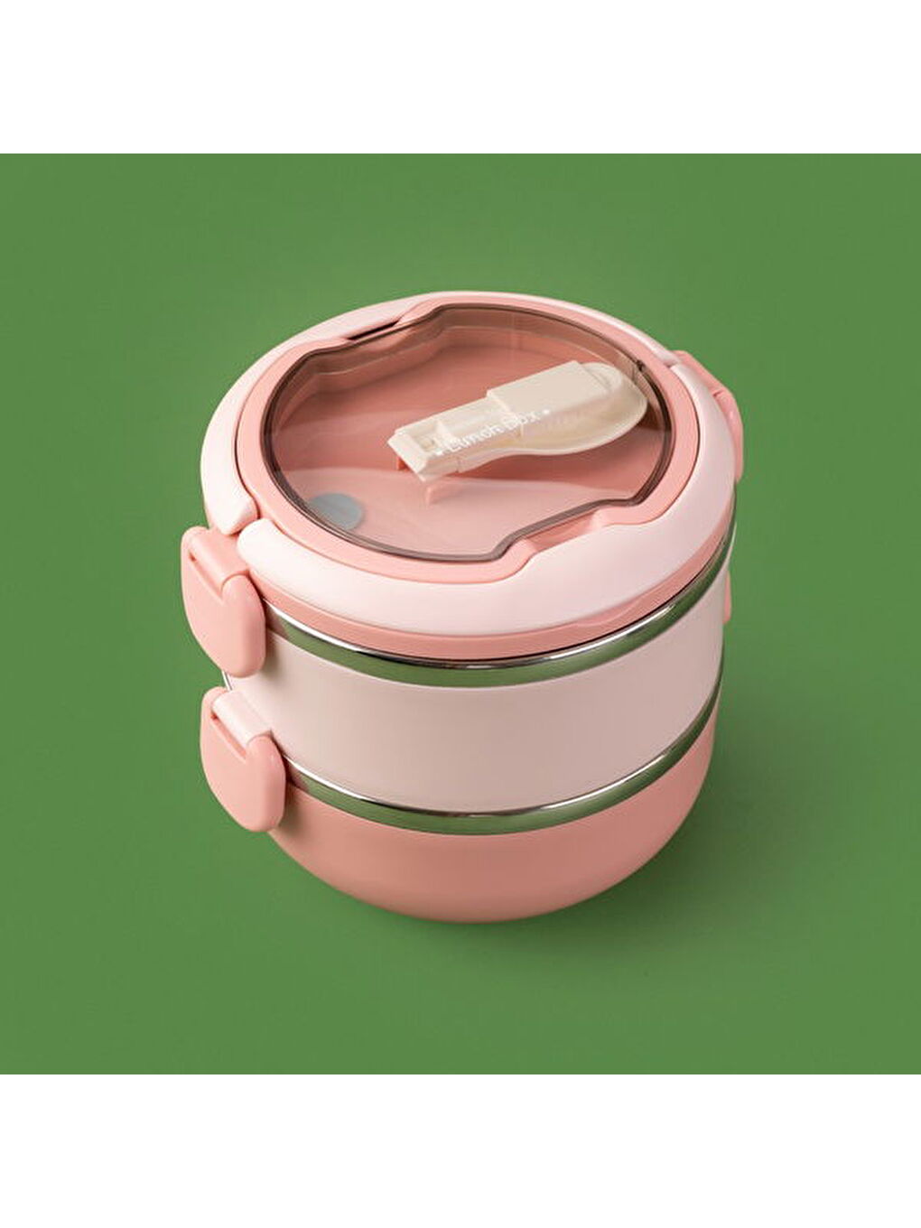 Tantioni Yuvarlak 2 Katlı Çatal ve Kaşıklı Yemek Taşıma Kabı - Pembe - 850 ml