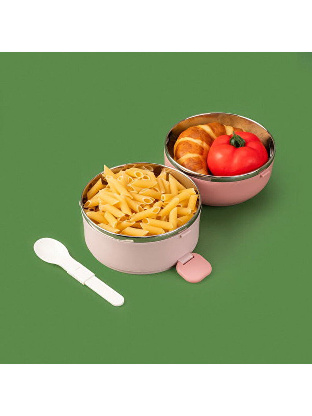 Tantioni Yuvarlak 2 Katlı Çatal ve Kaşıklı Yemek Taşıma Kabı - Pembe - 850 ml-1