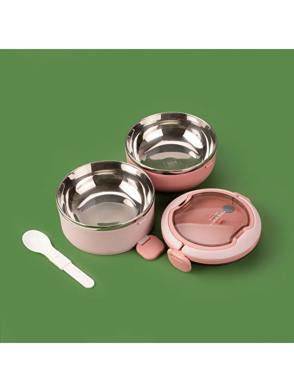 Tantioni Yuvarlak 2 Katlı Çatal ve Kaşıklı Yemek Taşıma Kabı - Pembe - 850 ml-2