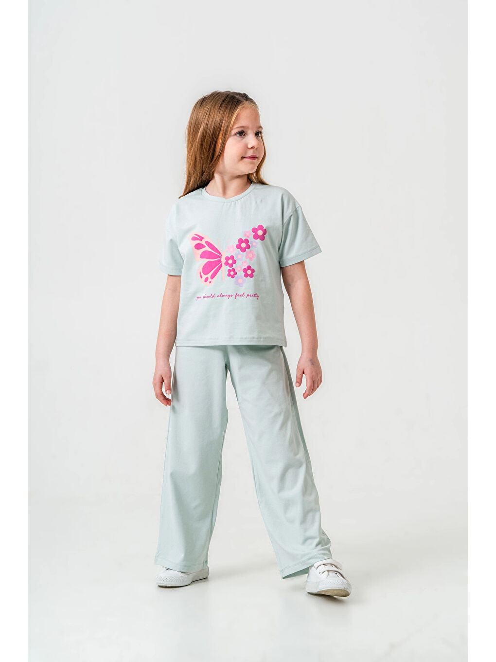 Turkuaz Kelebek Baskılı Kız Çocuk Takım 034-1