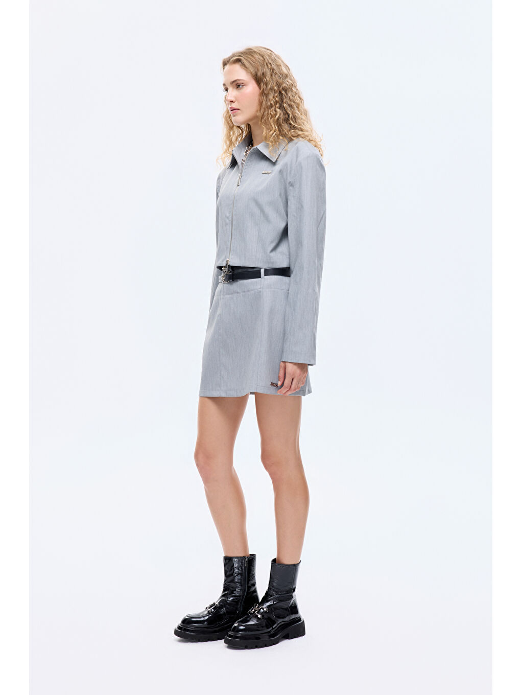 Gömlek Yaka Fermuarlı Kısa Ceket Gri-3