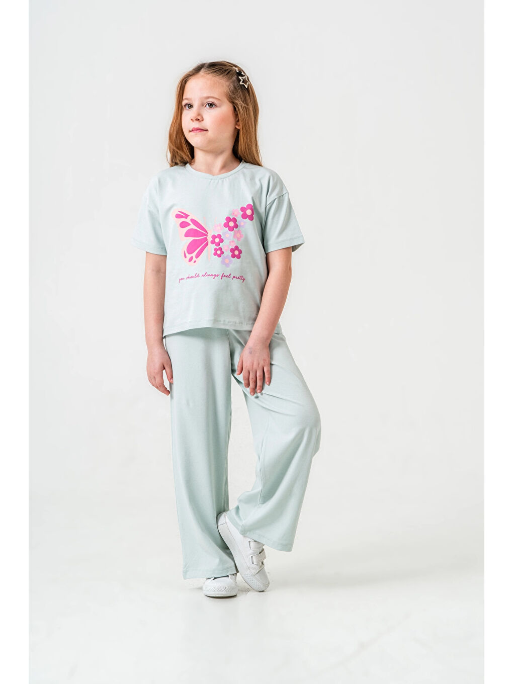 Turkuaz Kelebek Baskılı Kız Çocuk Takım 034-2