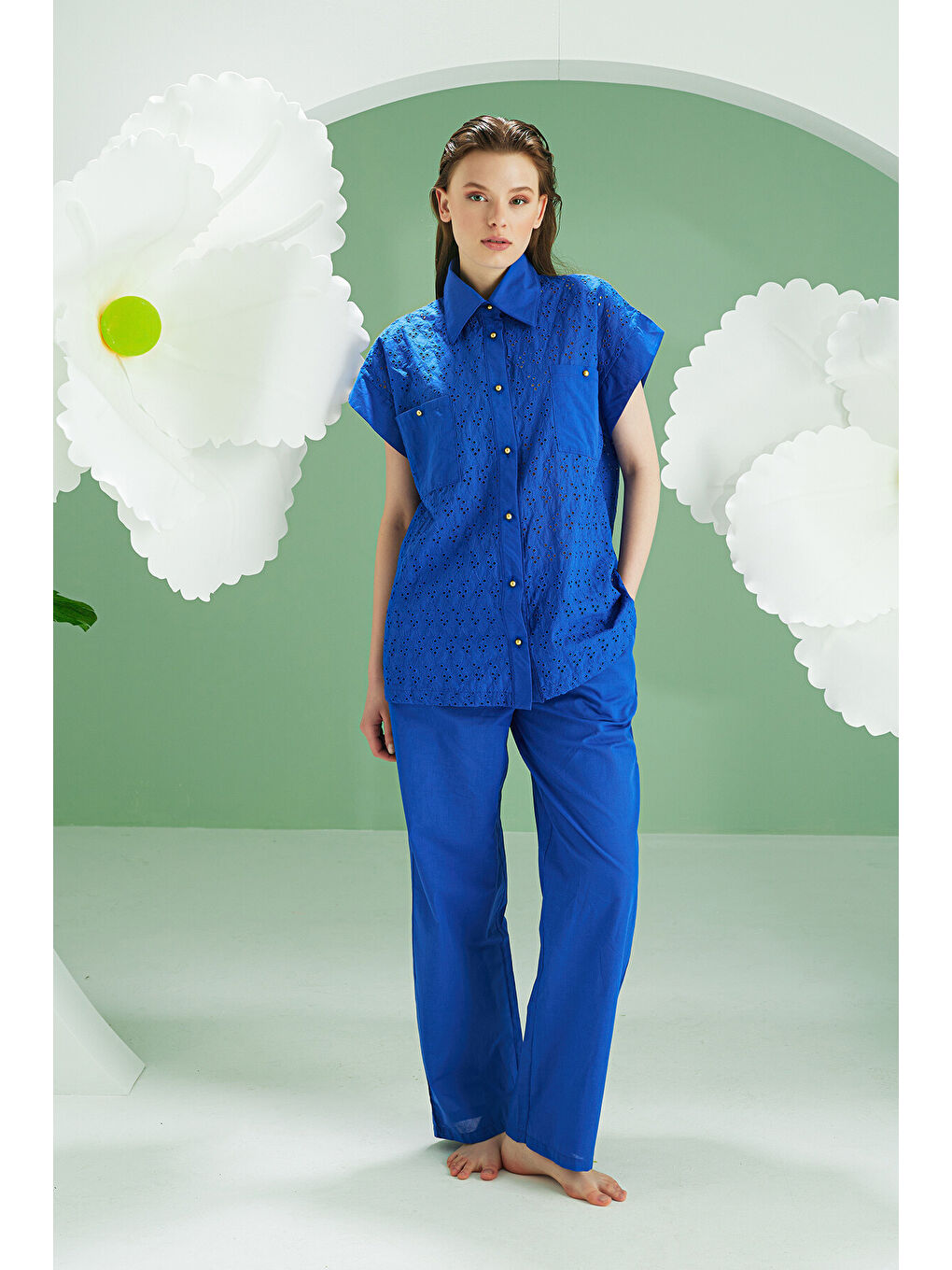 Mavi Hole Önden Düğmeli Pijama Takımı-3