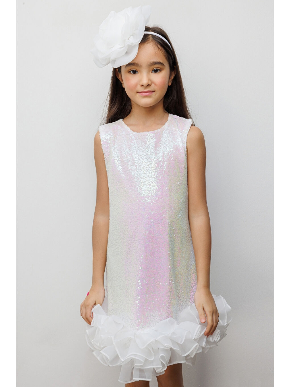 Beyaz Pullu Etek Ucu Fırfırlı Kız Çocuk Elbise - Kinsey-1