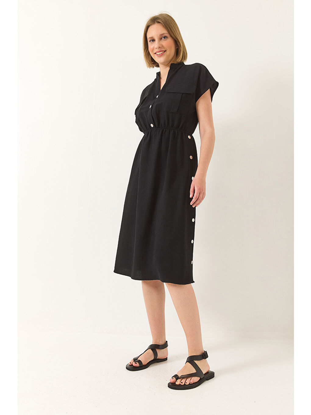 Siyah Kadın Beli Lastikli Çıtçıt Detaylı Cepli Keten Elbise-2